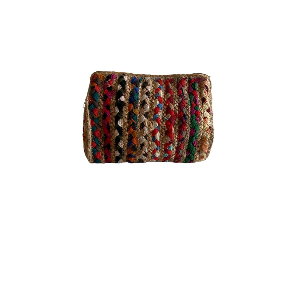 Boho Braided Jute and Fabric Tassel Clutch Bag Multicolor Handcrafted Pouch
